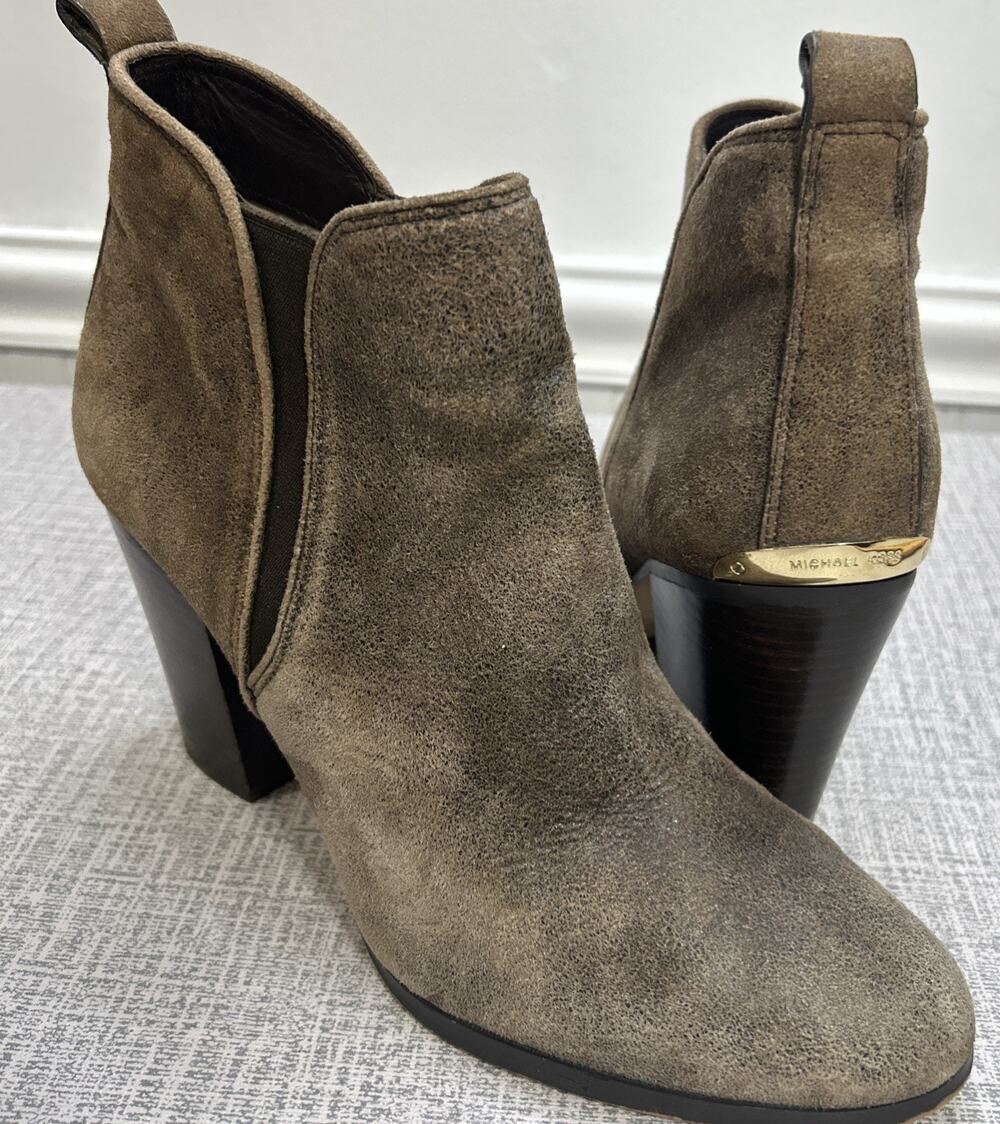Michael Kors Women's 10 Brown Distressed Leather Block Heel Bootie Ankle Slip On
